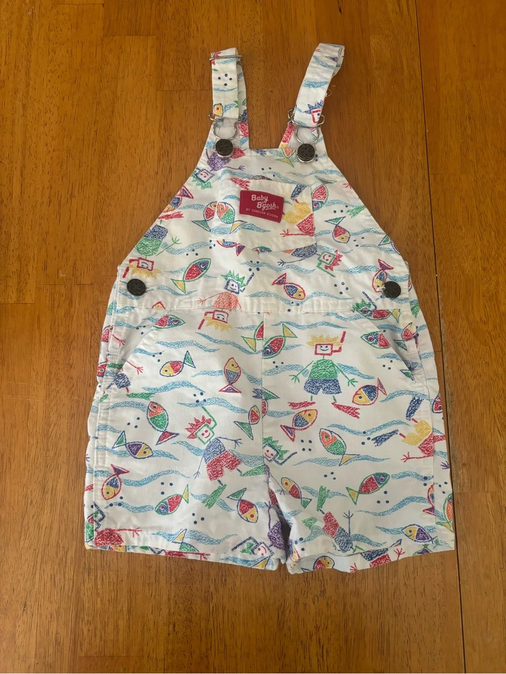 OshKosh B'gosh Baby B’gosh Vintage 90’s Rare Fish Print Short Overalls 24Mo